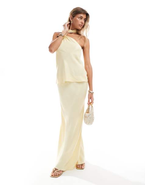 ASOS DESIGN – Satin-Maxirock in Buttermilchgelb mit Schrägschnitt, Kombiteil - view 1