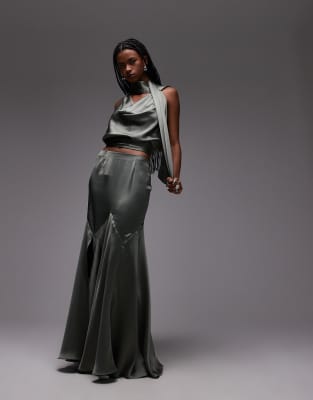 ASOS DESIGN - Satin-Maxirock in Khaki mit Bias-Cut-Grün
