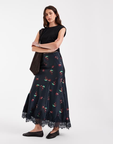 ASOS DESIGN Satin-Maxirock mit Fischschwanzsaum und Kirschprint - view 1