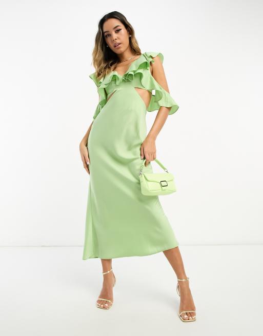 ASOS DESIGN satin midaxi dress with multi flutter sleeves in light green