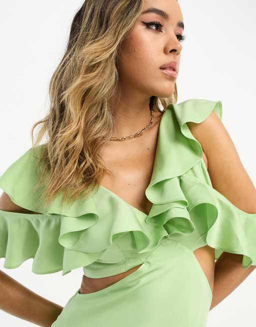 ASOS DESIGN satin midaxi dress with multi flutter sleeves in light green