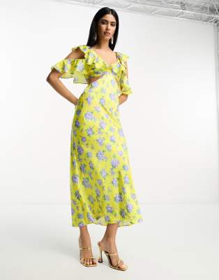 Asos Design Satin Midaxi Dress With Multi Flutter Sleeves In Yellow Floral Print