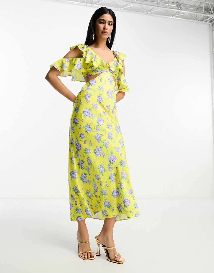 ASOS DESIGN satin midaxi dress with multi flutter sleeves in yellow floral print