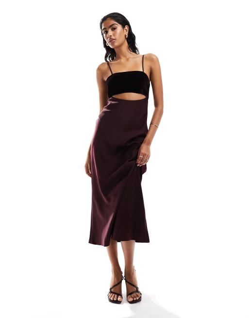 ASOS DESIGN satin midaxi dress with velvet bust and cut-out in burgundy ...