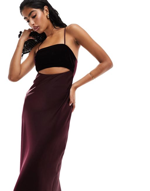 ASOS DESIGN one-shoulder satin midaxi dress with contrast lace inserts in  chocolate