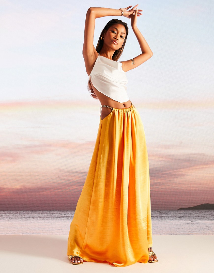 ASOS DESIGN satin midaxi skirt with chain detail in gold-Yellow