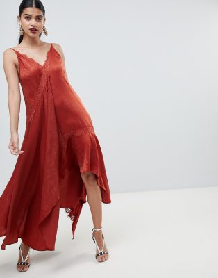 satin dress with lace trim