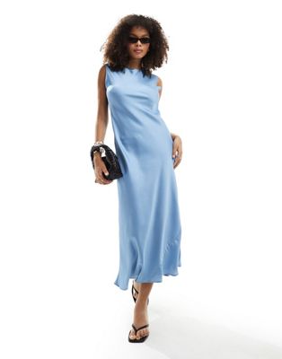 Asos Design Satin Midi Dress In Dusky Blue