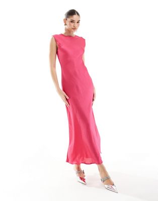 Asos Design Satin Midi Dress In Fuchsia-pink