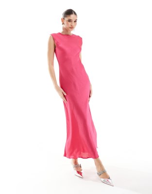 Asos Design Satin Midi Dress In Fuchsia-pink