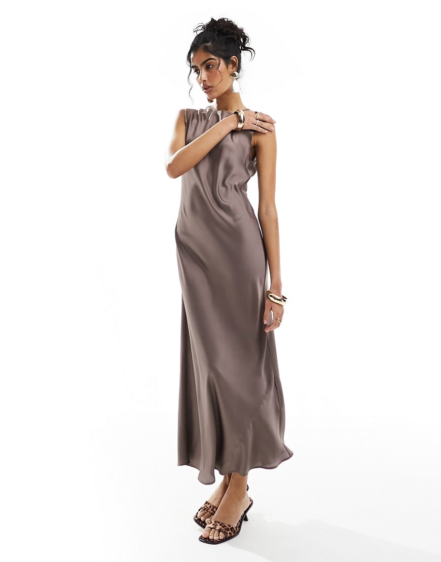 Asos Design Satin Midi Dress In Mocha-gray