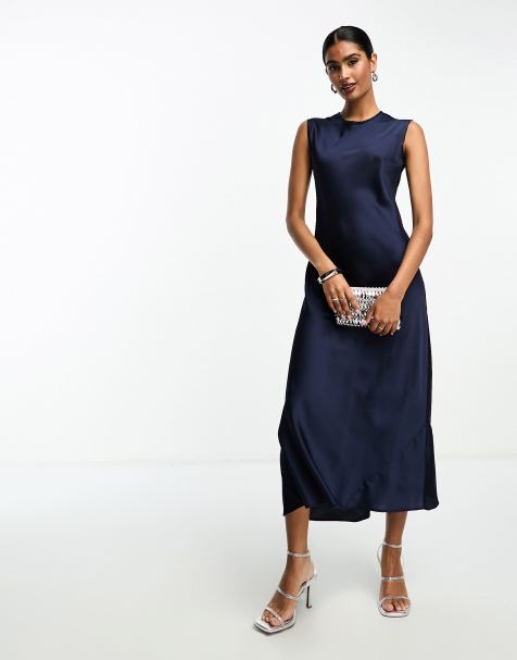 Cariela Midi Dress - Plunge Neck Satin Dress in Navy