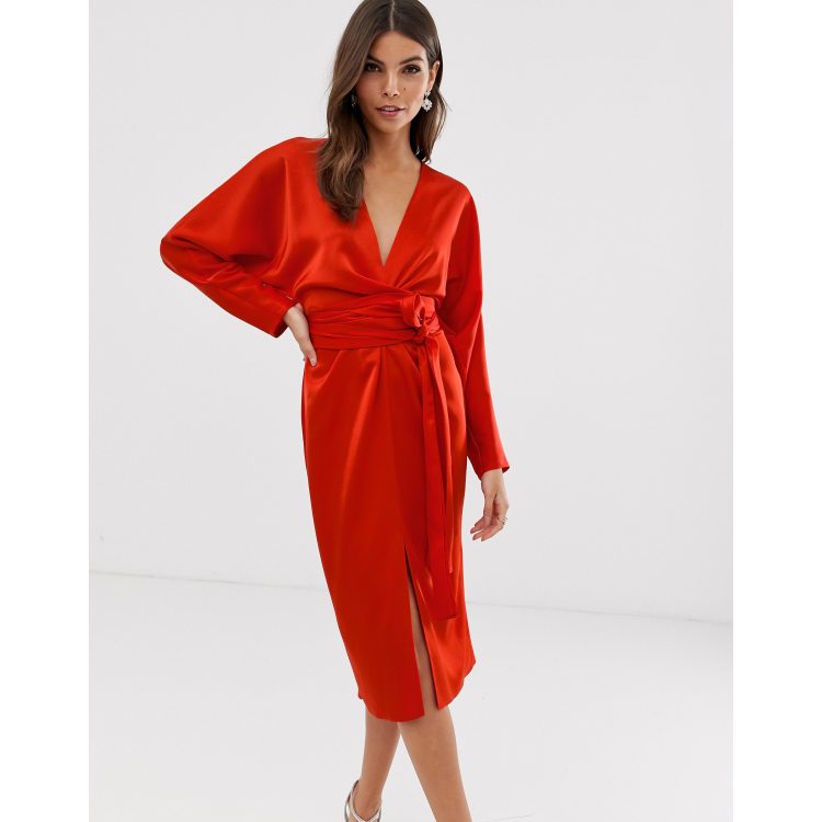 ASOS DESIGN satin midi dress with batwing sleeve and wrap waist in