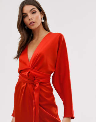 ASOS DESIGN satin midi dress with batwing sleeve and wrap waist in red |  ASOS