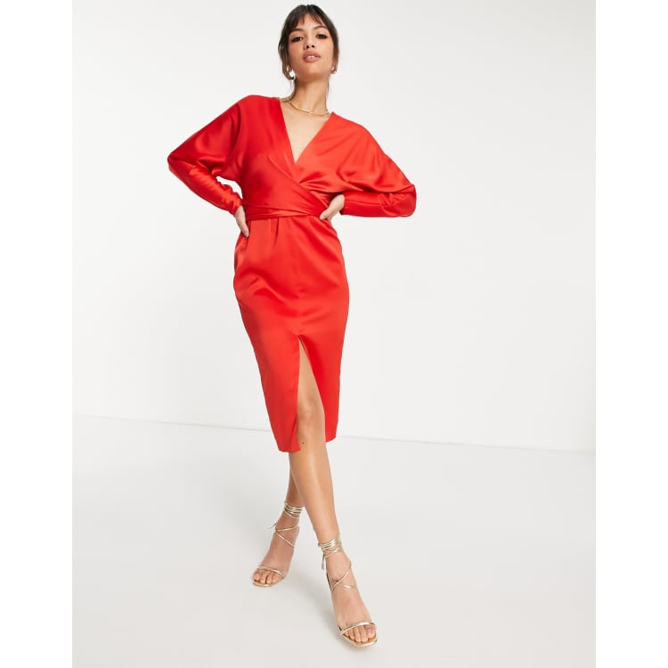 ASOS DESIGN satin midi dress with batwing sleeve and wrap waist in red