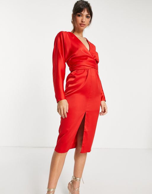 ASOS DESIGN satin midi dress with batwing sleeve and wrap waist in red