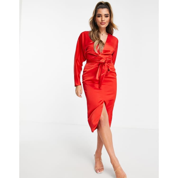 ASOS DESIGN satin midi dress with batwing sleeve and wrap waist in red