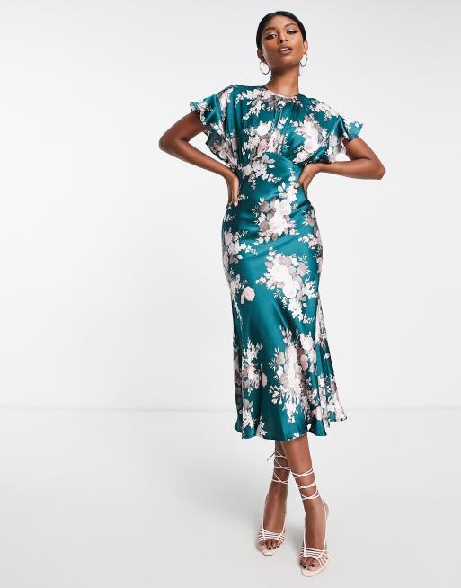 ASOS DESIGN satin midi dress with blouson bodice in vintage floral