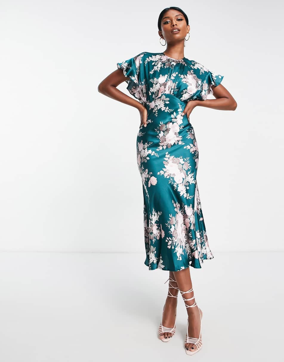 ASOS DESIGN satin midi dress with blouson bodice in vintage floral print