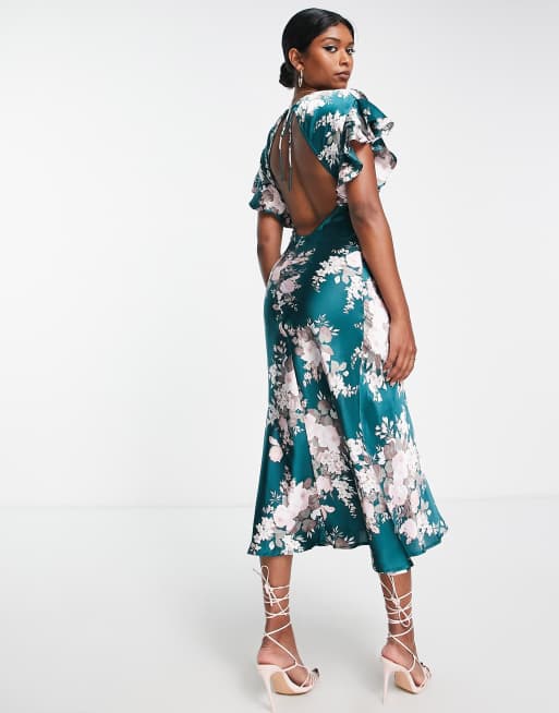 ASOS DESIGN satin midi dress with blouson bodice in vintage floral print