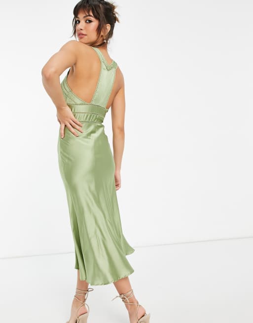 ASOS DESIGN satin midi dress with button front and lace insert in olive