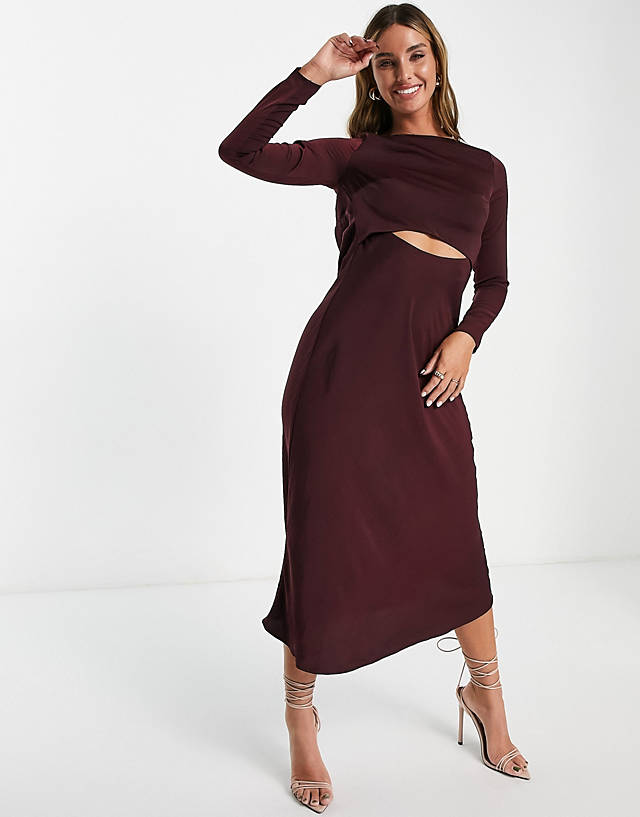 ASOS DESIGN satin midi dress with cowl back and tie in wine