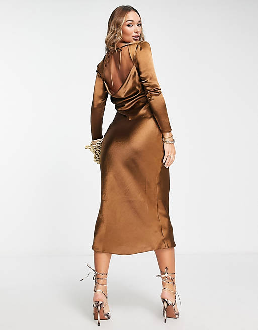 ASOS DESIGN satin midi dress with cowl neck and backless detail in chocolate