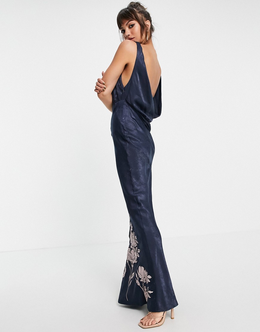 Asos Design Satin Midi Dress With Floral Embroidery And Cowl Back-Navy
