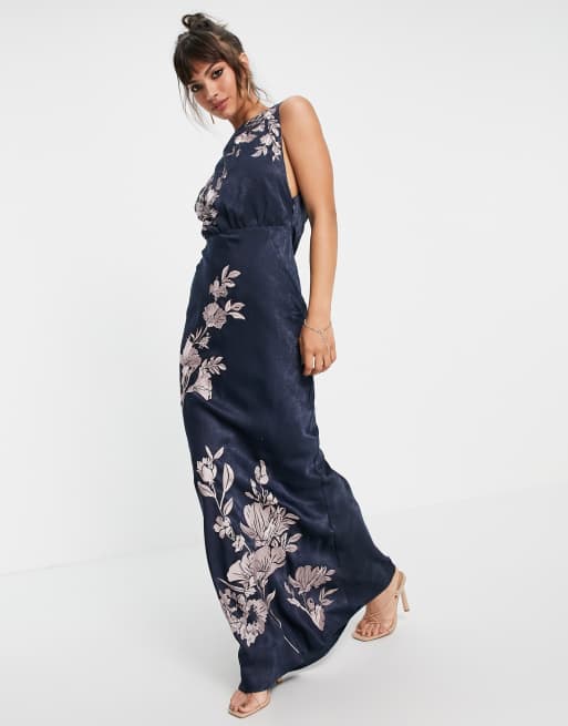 ASOS DESIGN satin midi dress with floral embroidery and cowl back