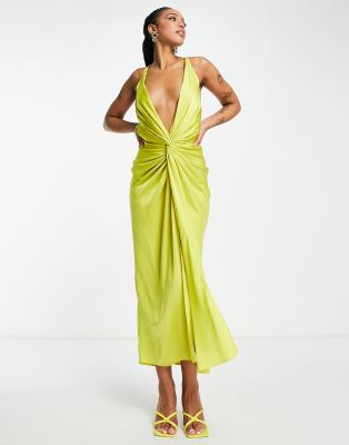 Asos Design Satin Midi Dress With Knot Front And Drape Skirt In Green