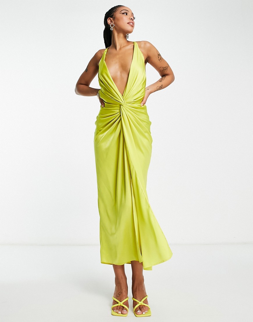 ASOS DESIGN satin midi dress with knot front and drape skirt in green