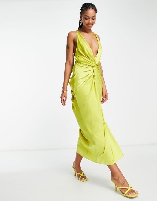 ASOS DESIGN satin midi dress with knot front and drape skirt in green