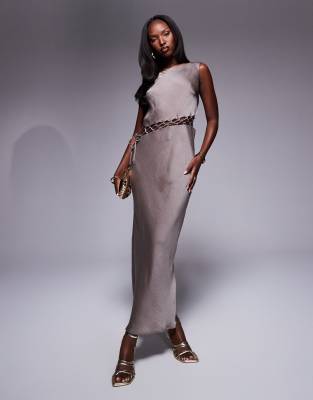 Asos Design Satin Midi Dress With Lattice Waist In Gray
