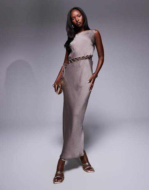 ASOS DESIGN satin midi dress with lattice waist in gray 