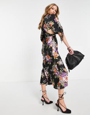 ASOS DESIGN satin midi dress with pleated waist detail and button front in  floral print