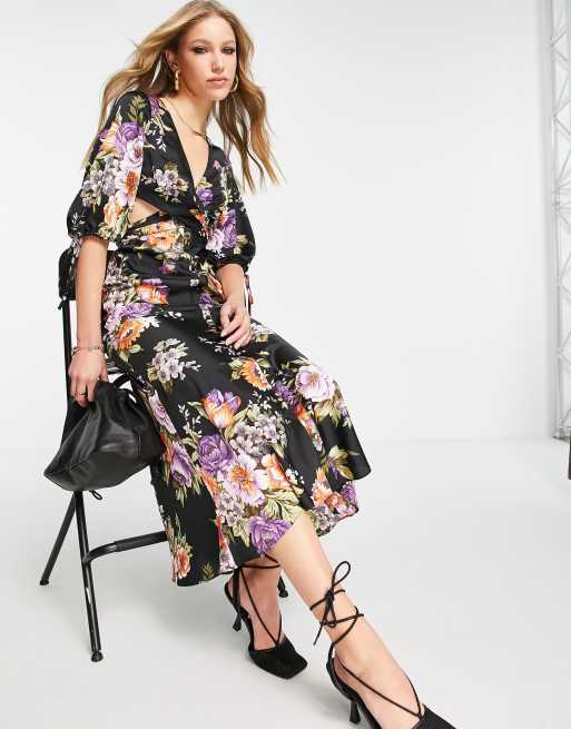 ASOS DESIGN satin midi dress with pleated waist detail and button front in  floral print