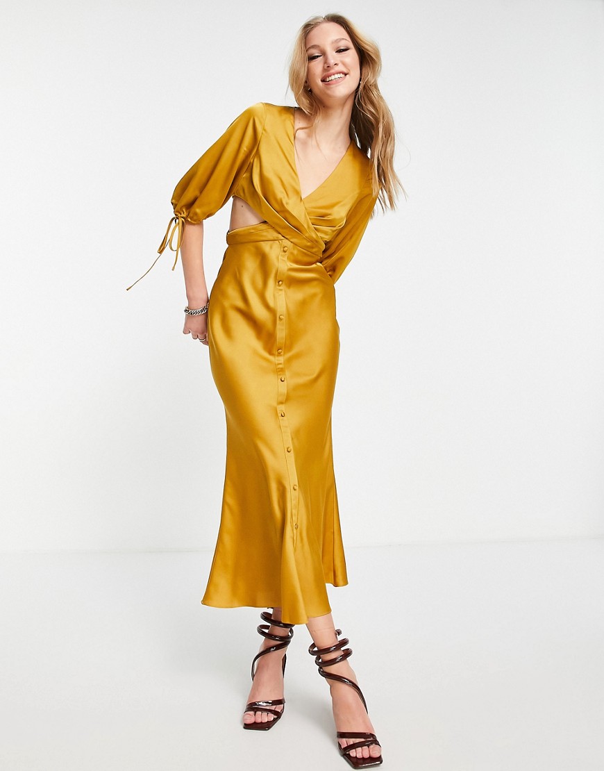 ASOS DESIGN satin midi dress with pleated waist detail and button front-Yellow