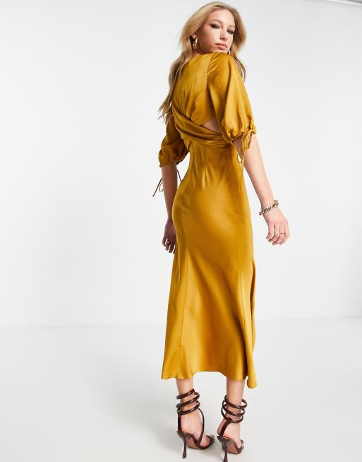 ASOS DESIGN satin midi dress with pleated waist detail and button