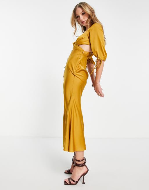 ASOS Design Satin Milkmaid Lace Trim Midaxi Dress with Strappy Back in Gold