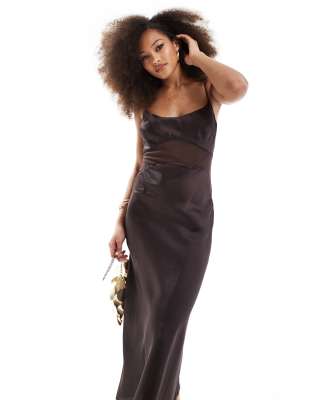 Asos Design Satin Midi Dress With Sheer Panel In Chocolate-brown