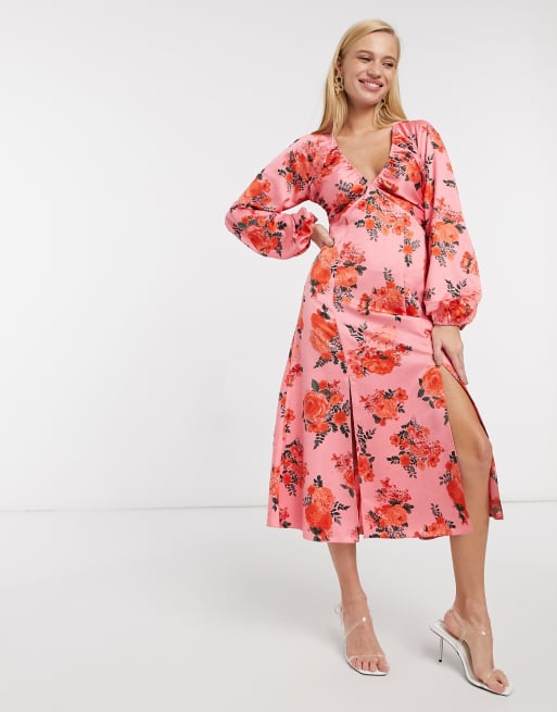 ASOS DESIGN satin midi dress with splits in rose floral