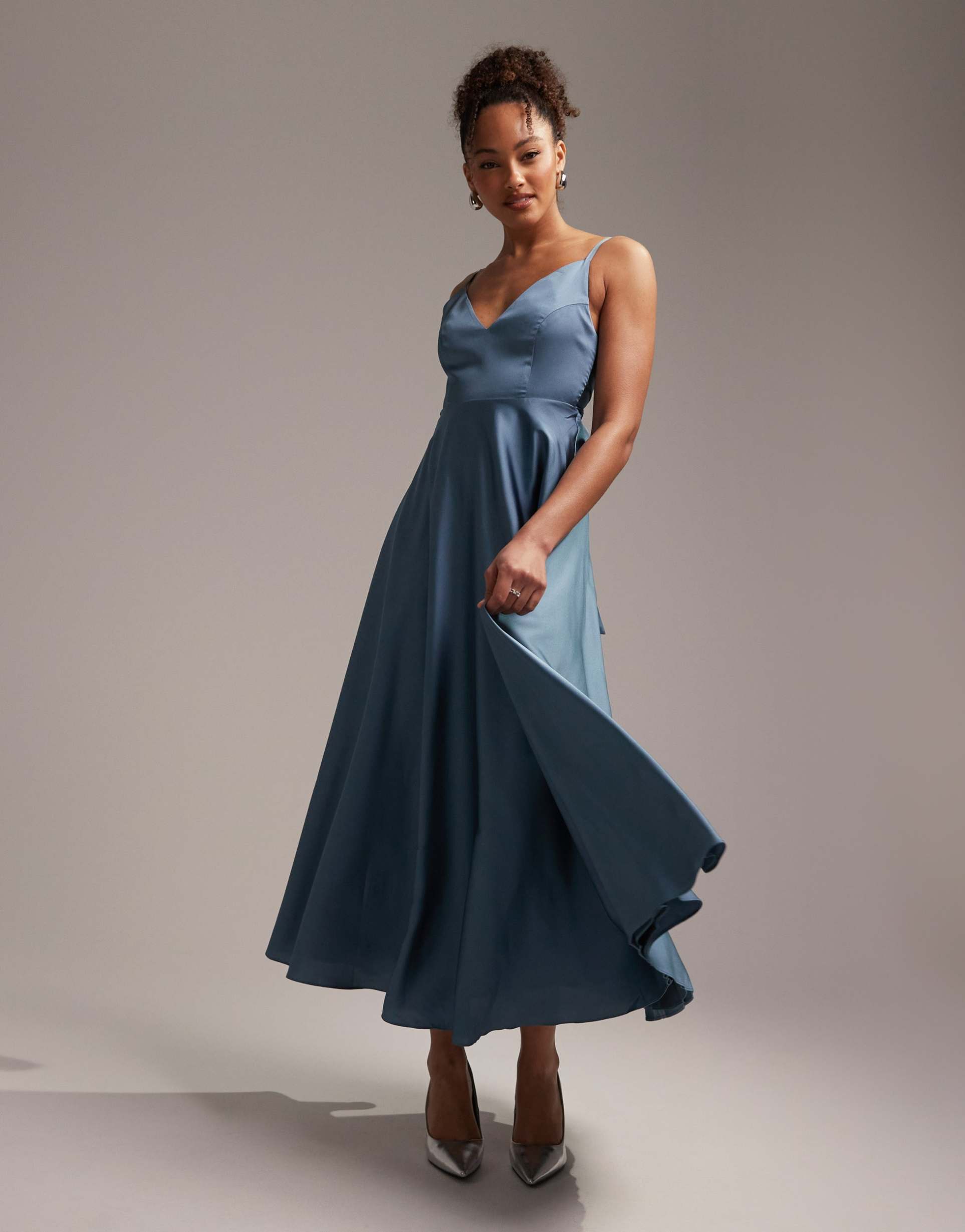 asos design satin midi dress with tie back in dusky blue