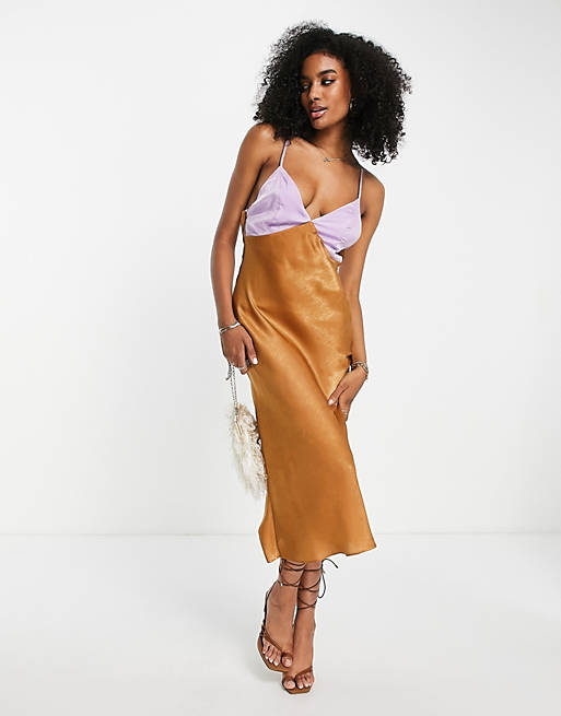 ASOS DESIGN satin midi lace up back dress in camel and lilac color block