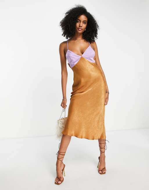 ASOS DESIGN satin midi lace up back dress in camel and lilac color