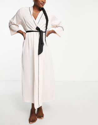 ASOS DESIGN satin midi robe with contrast piping in champagne