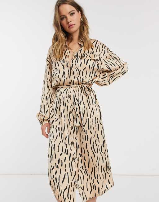 ASOS DESIGN satin midi shirt dress in animal print