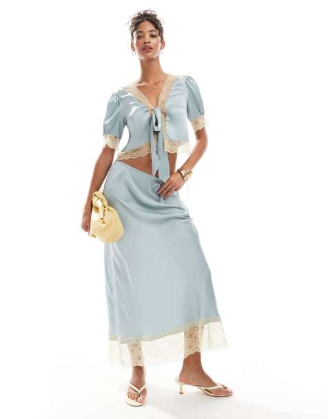 ASOS DESIGN satin midi skirt co-ord with lace hem in Blue - view 1