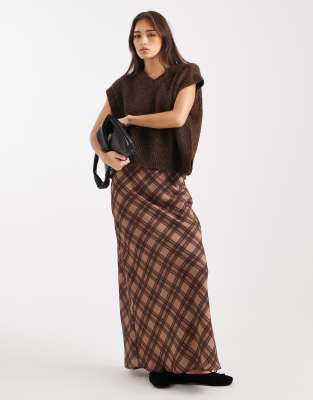 Asos Design Satin Midi Skirt In Brown