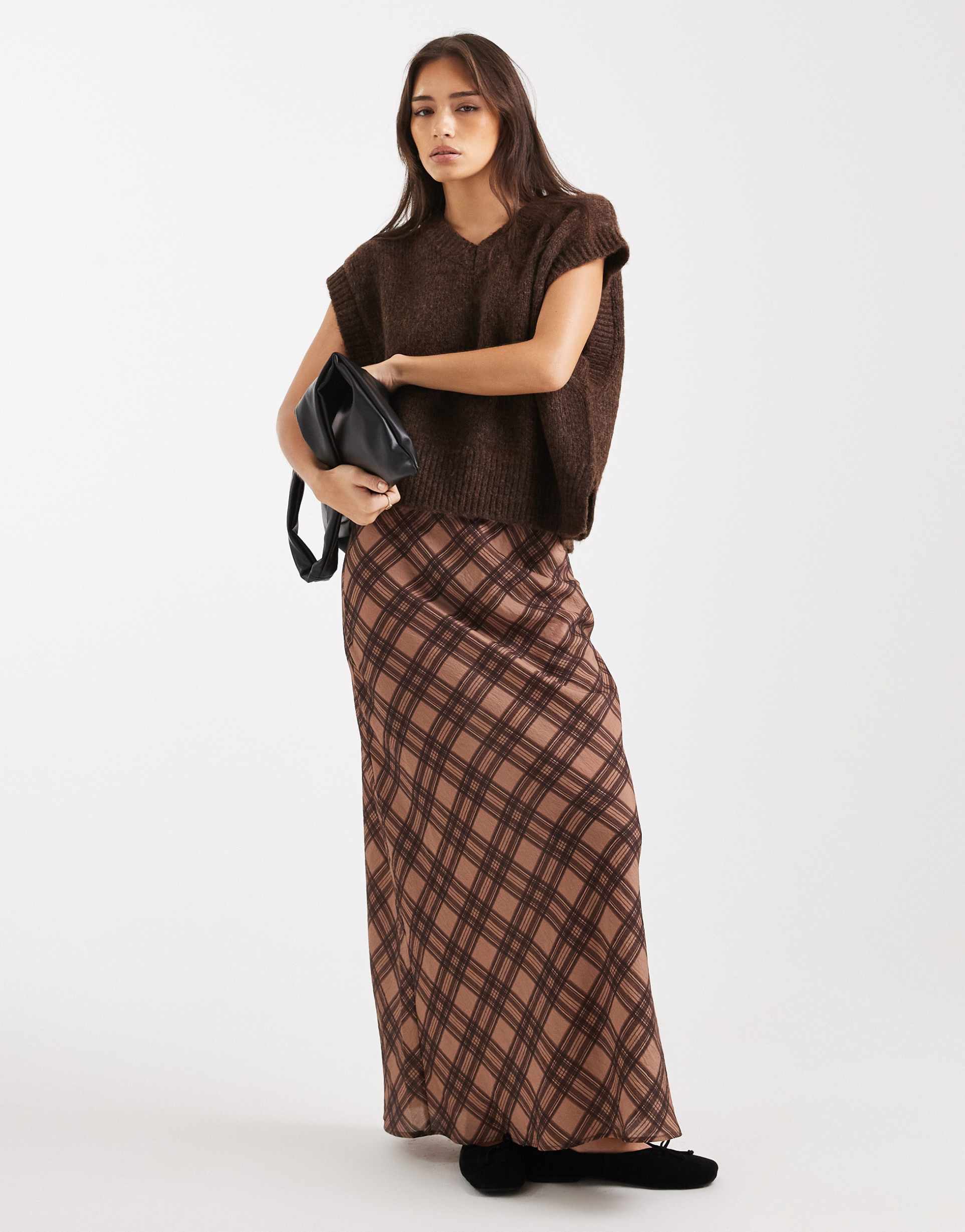 asos design satin midi skirt in plaid