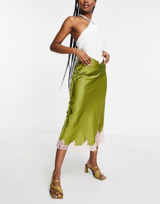 ASOS DESIGN satin midi skirt with contrast lace trim in olive